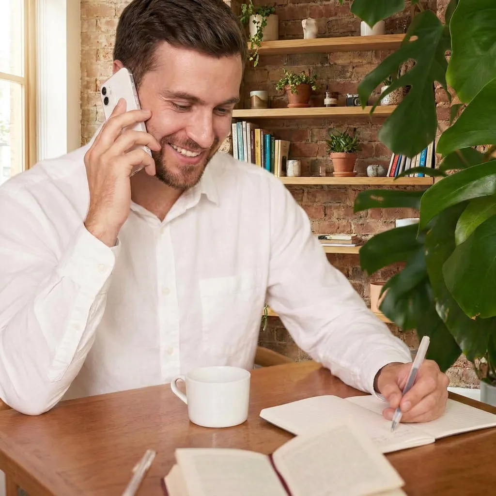 A team member taking a customer call and writing notes at a desk