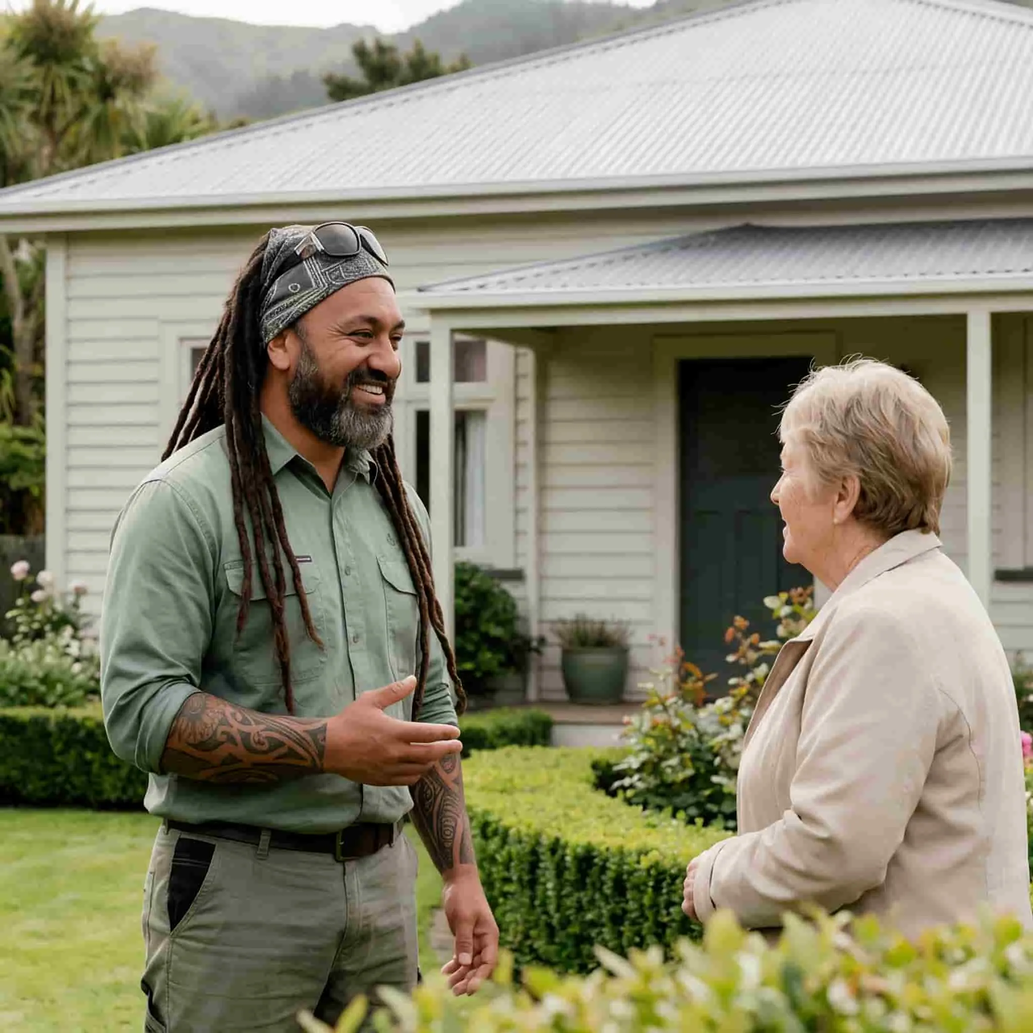 A property maintenance worker chatting with a homeowner outside a Brisbane house